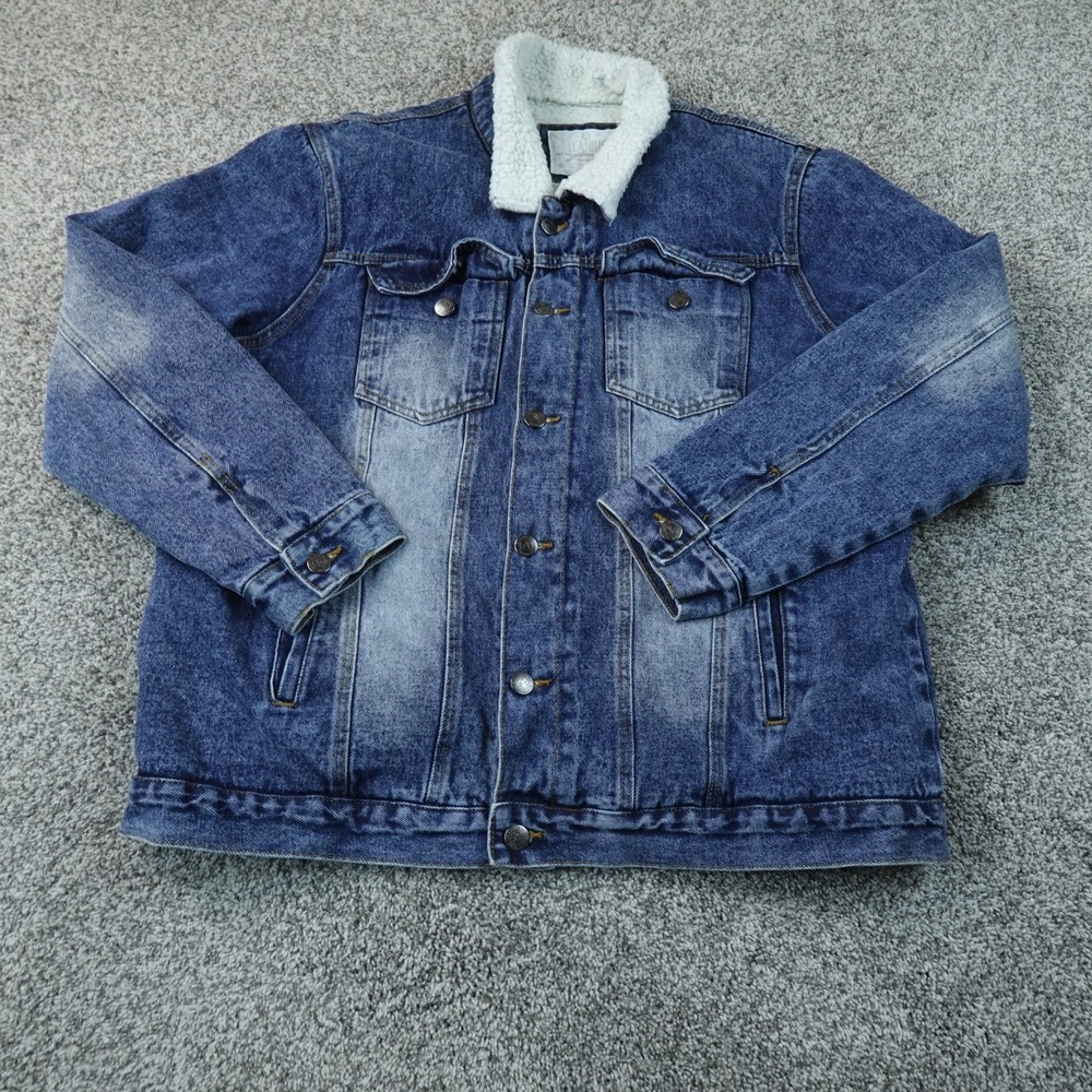 VTG Akademiks Jacket Mens XL Dark Blue Denim Sherpa Lined Trucker Coat 90s Y2K